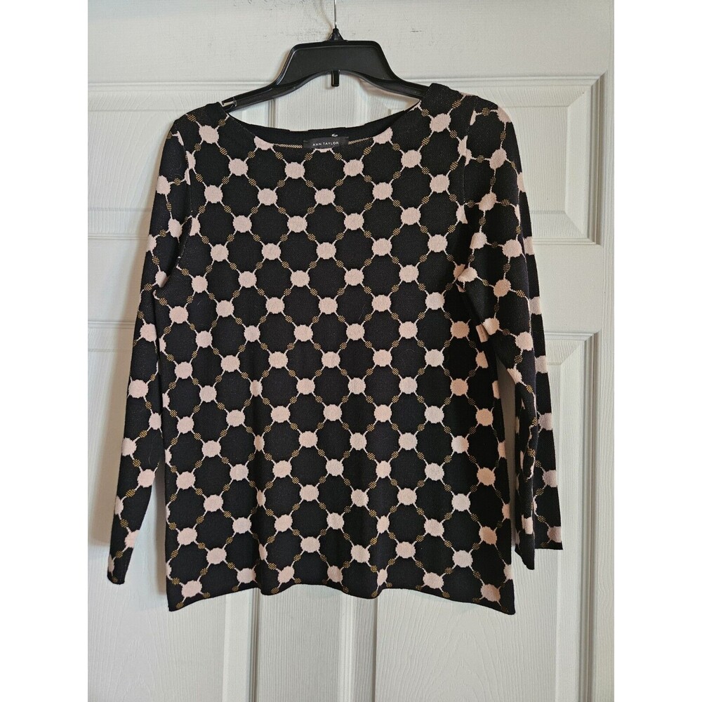 Ann Taylor Geometric Knit Long Sleeve Sweater Stretchy Retro Black Medium